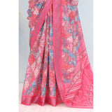 Pink linen digital print saree with unstitched blouse, 5.5mtr length