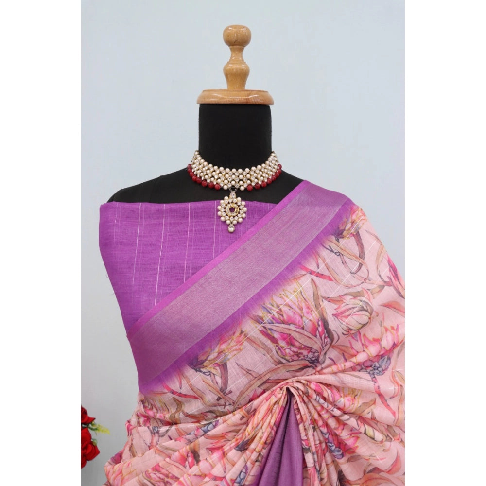 Purple linen digital print saree with unstitched blouse (5.5mtr), women's traditional Indian wear on display