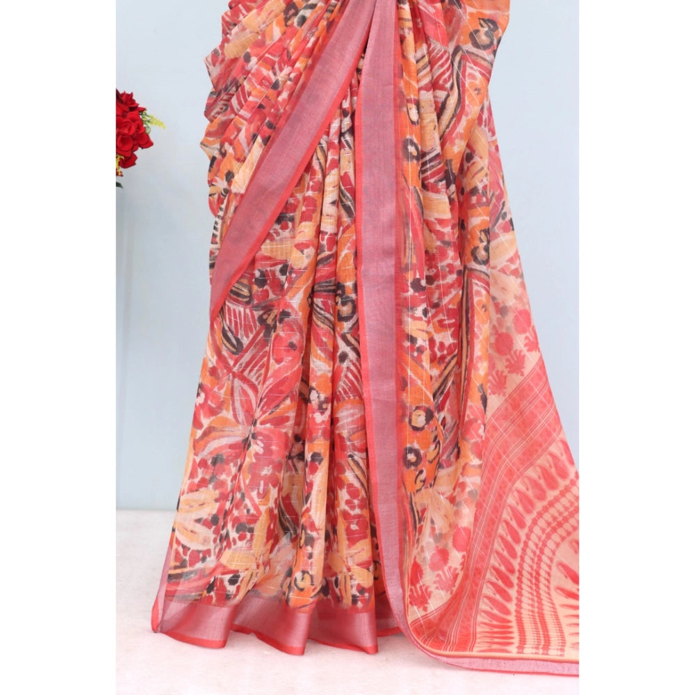 Pink linen digital print saree with unstitched blouse (5.5mtr), vibrant, stylish Indian traditional wear