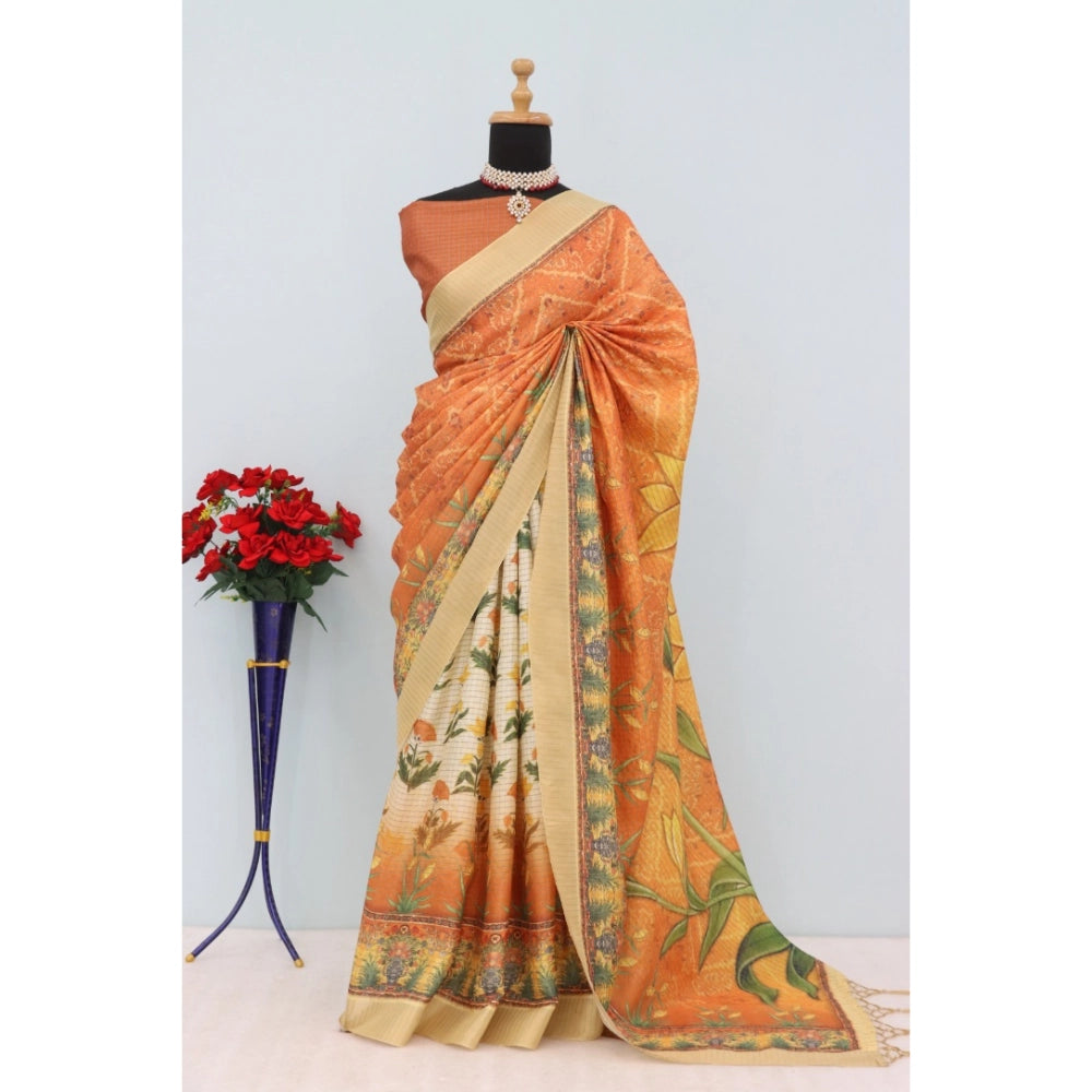 Mustard Mysore Silk digital print saree with unstitched blouse, vibrant design on 5.5mtr length