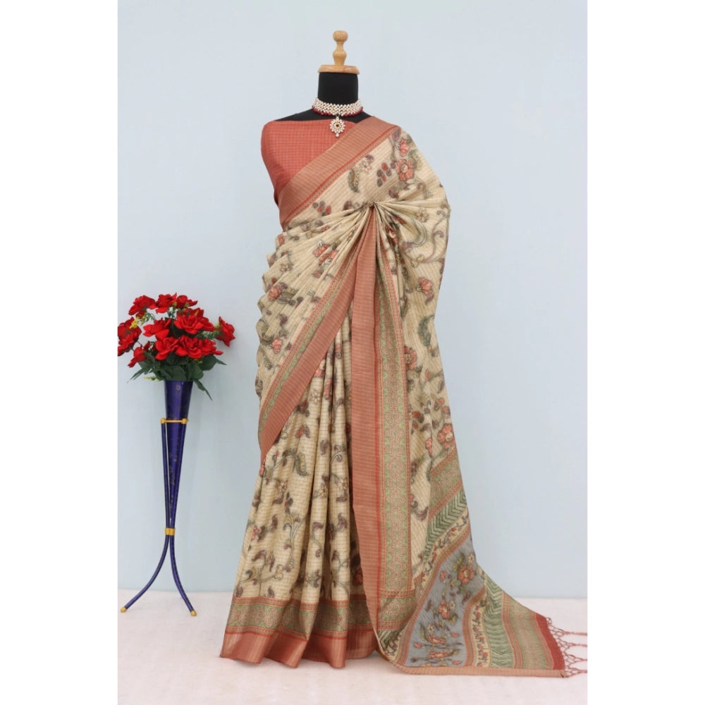 Pink Mysore Silk digital print saree with unstitched blouse (5.5mtr), women's traditional Indian attire on mannequin