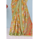 Multi-colored linen digital print saree with unstitched blouse, vibrant pattern on a 5.5Mtr saree