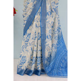 Blue linen digital print saree with unstitched blouse (5.5mtr), traditional Indian women's fashion wear