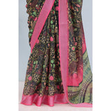 Multi-colored linen digital print saree with unstitched blouse, ideal for Indian women's fashion