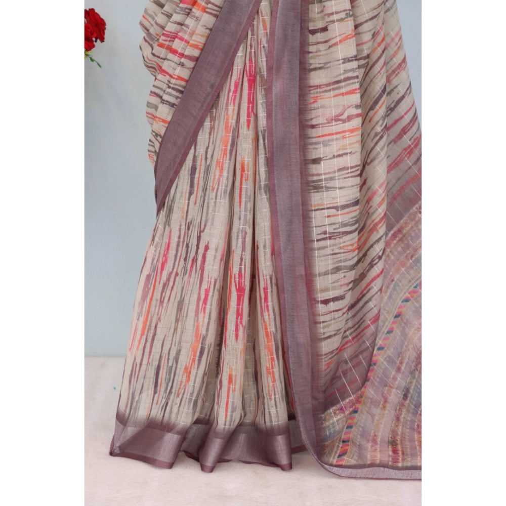 Grey linen digital print saree with unstitched blouse, 5.5Mtr length on model
