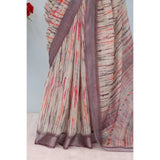 Grey linen digital print saree with unstitched blouse, 5.5Mtr length on model