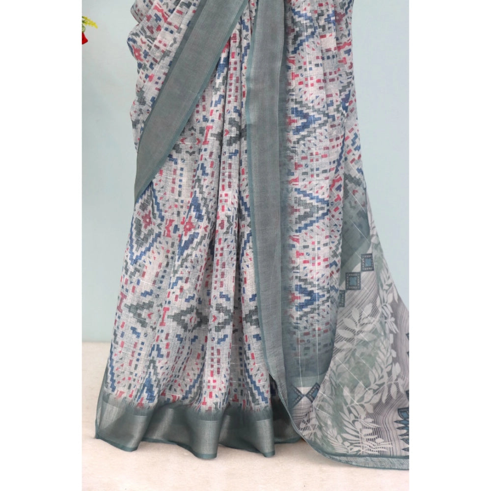 Gray linen digital print saree with unstitched blouse (5.5mtr)