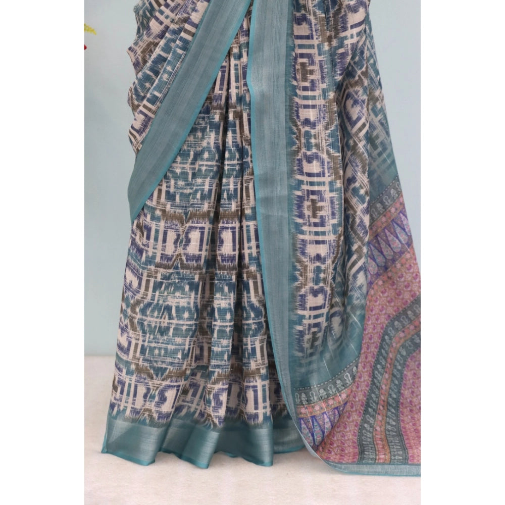 Green linen digital print saree with unstitched blouse, vibrant pattern for traditional Indian fashion