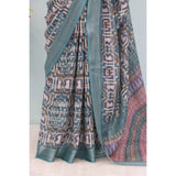 Green linen digital print saree with unstitched blouse, vibrant pattern for traditional Indian fashion
