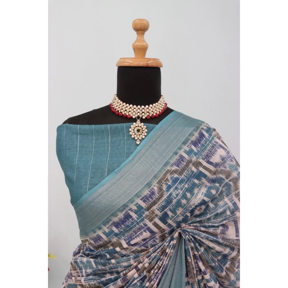Green linen digital print saree with unstitched blouse (5.5Mtr), traditional Indian wear on mannequin
