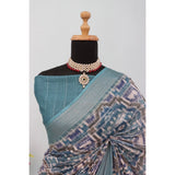 Green linen digital print saree with unstitched blouse (5.5Mtr), traditional Indian wear on mannequin