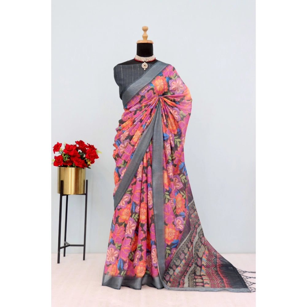 Grey linen digital print saree with unstitched blouse on display, high-quality linens for Indian fashion