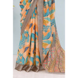 Green linen digital print saree with unstitched blouse (5.5mtr) on mannequin