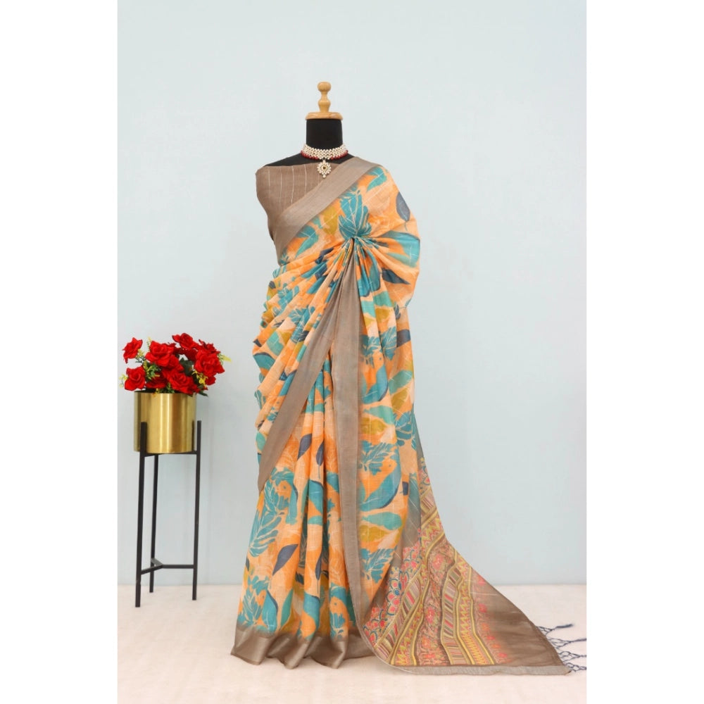 Green linen digital print saree with unstitched blouse (5.5mtr) on mannequin