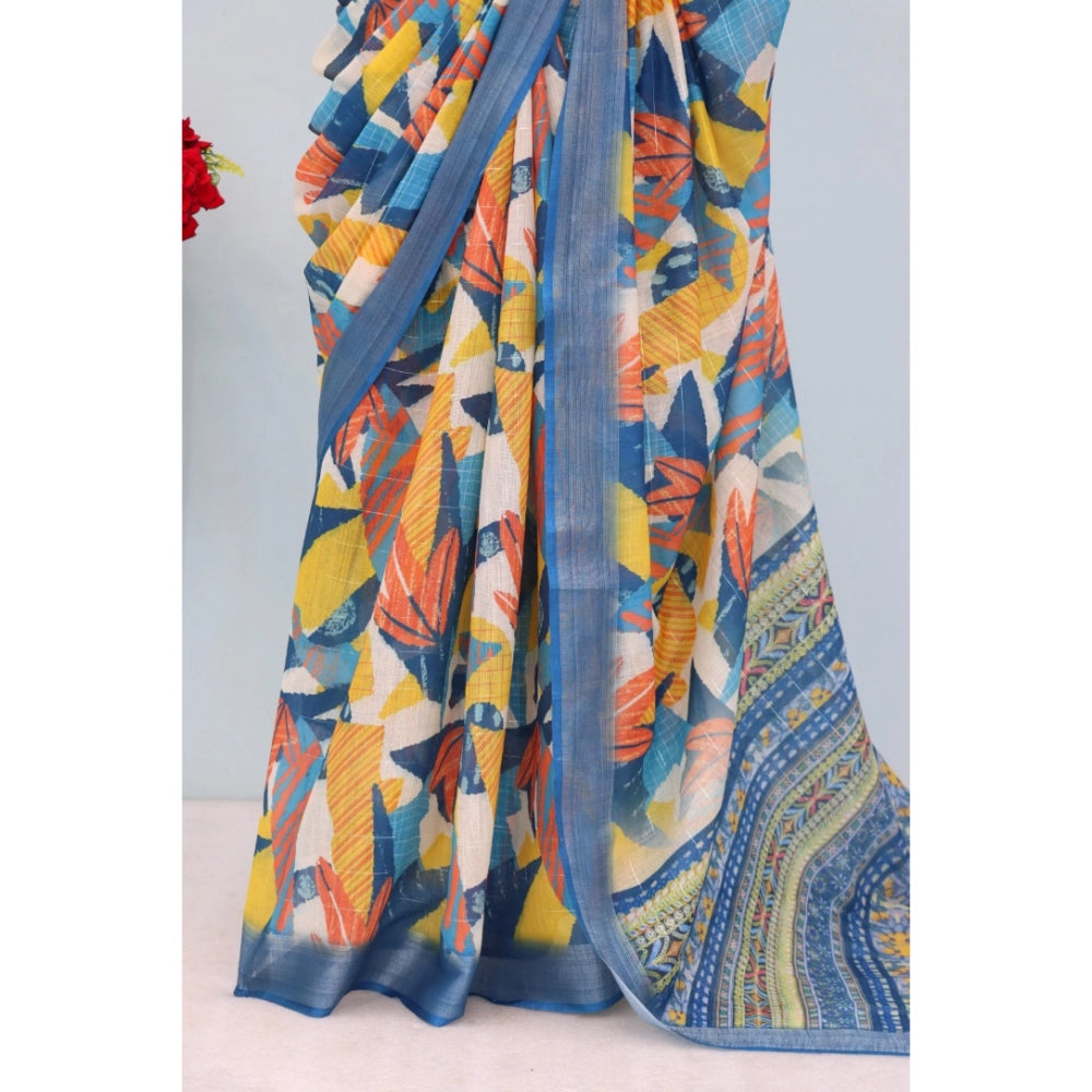 Multicolor digital print linen saree with unstitched blouse, vibrant multihued Indian fashion accessory for women