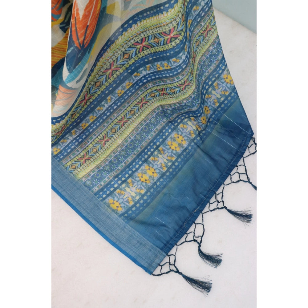 Multi-colored linen digital print saree with unstitched blouse (5.5mtr) on mannequin