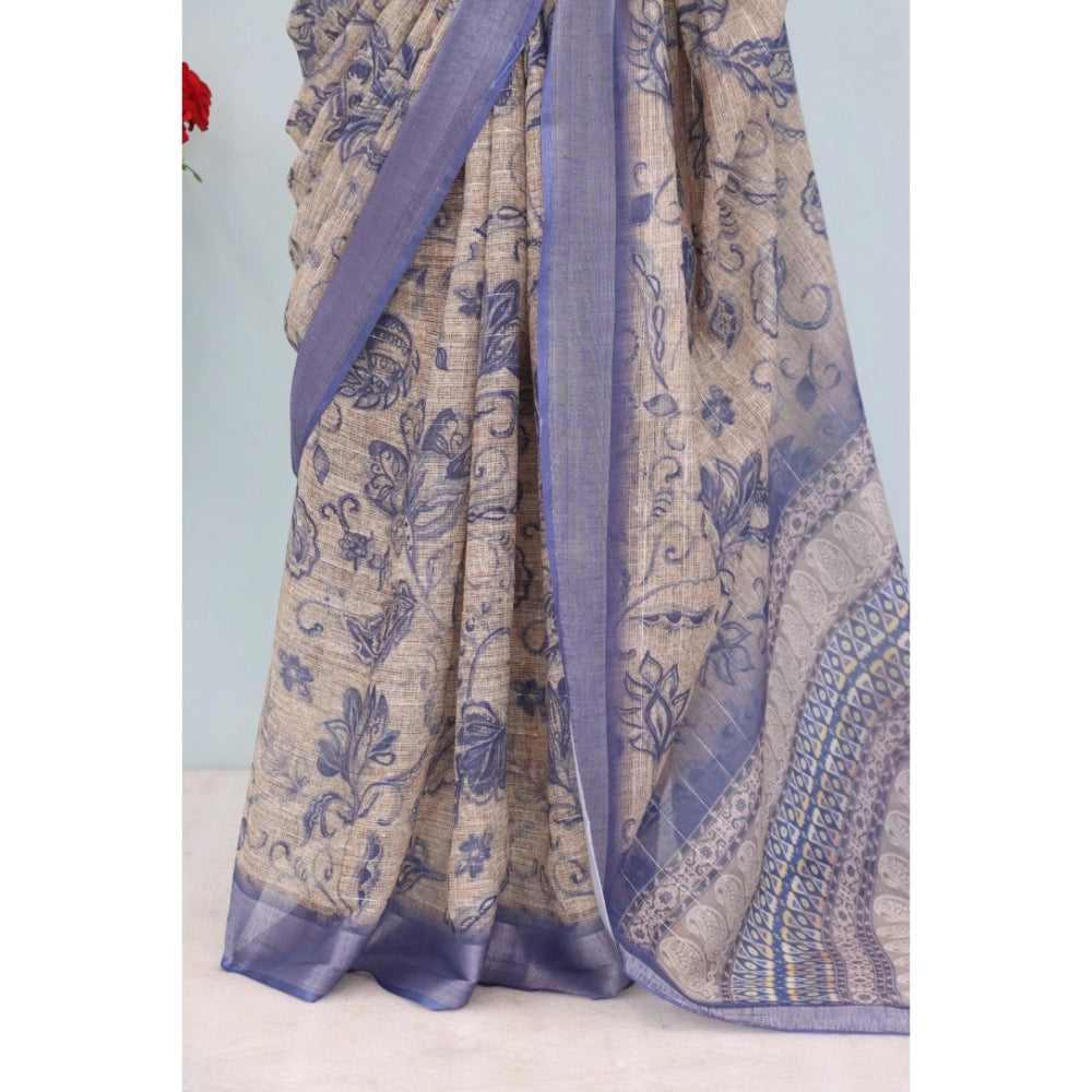 Blue linen digital print saree with unstitched blouse, vibrant pattern on 5.5m length