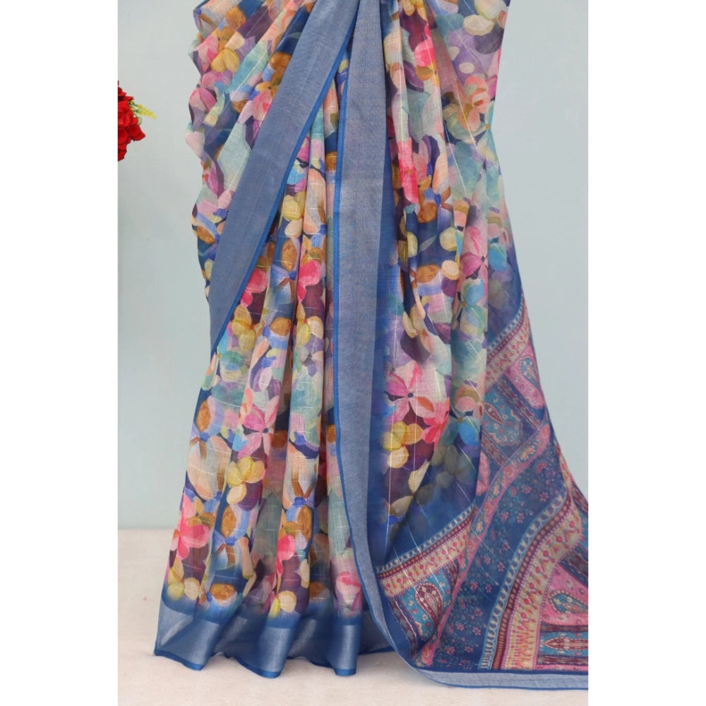 Blue linen digital print saree with unstitched blouse (5.5Mtr) on mannequin