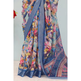 Blue linen digital print saree with unstitched blouse (5.5Mtr) on mannequin