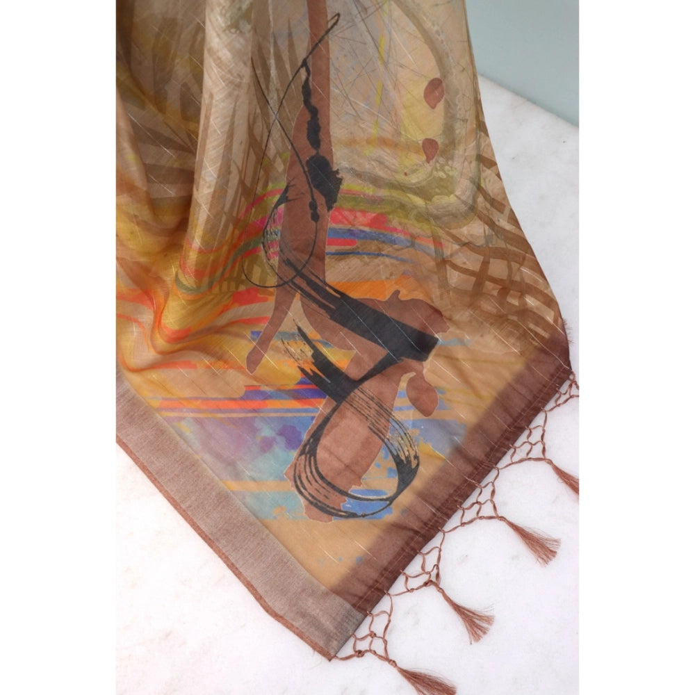 Multicolor linen digital print saree with unstitched blouse, 5.5Mtr length