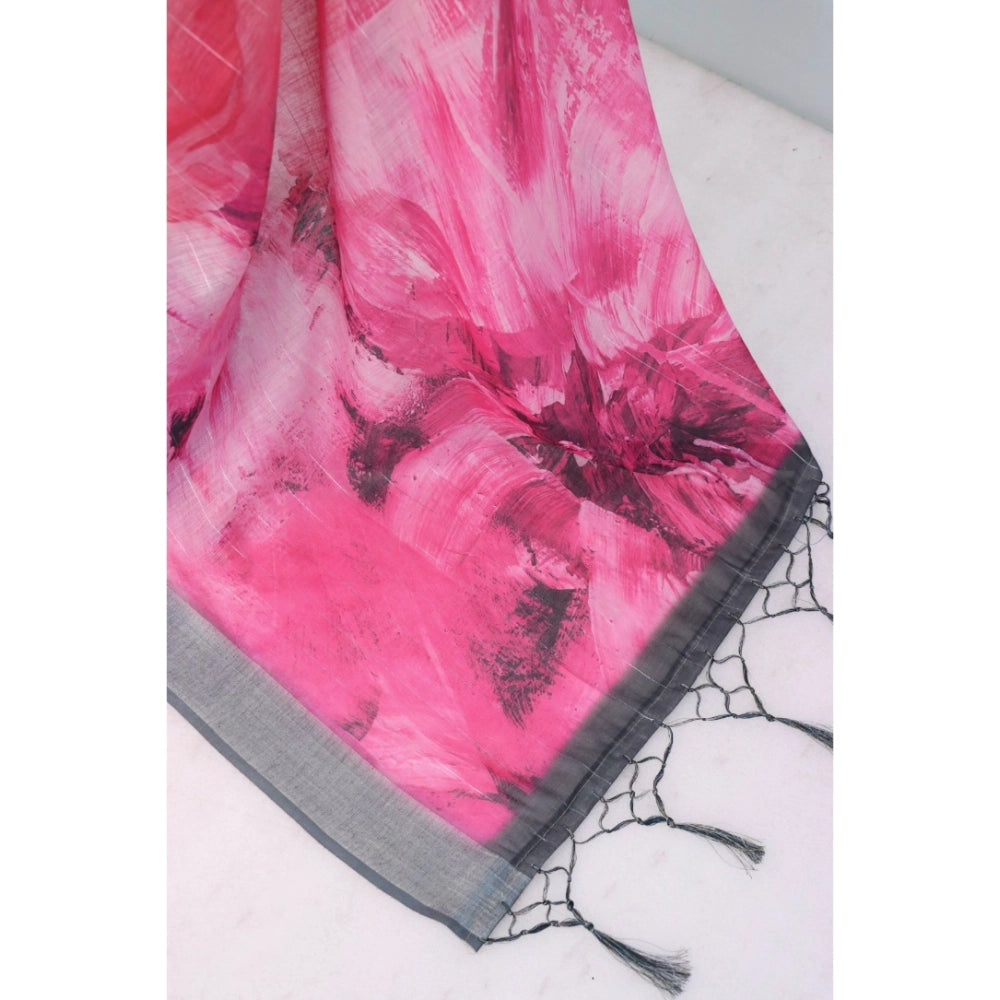 Pink linen digital print saree with unstitched blouse, vibrant design for women's traditional wear