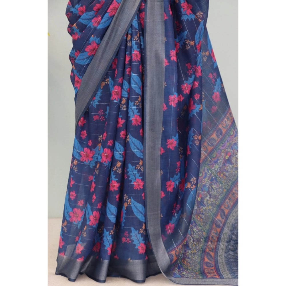 Blue linen digital print saree with unstitched blouse, 5.5mtr, perfect for traditional Indian wear