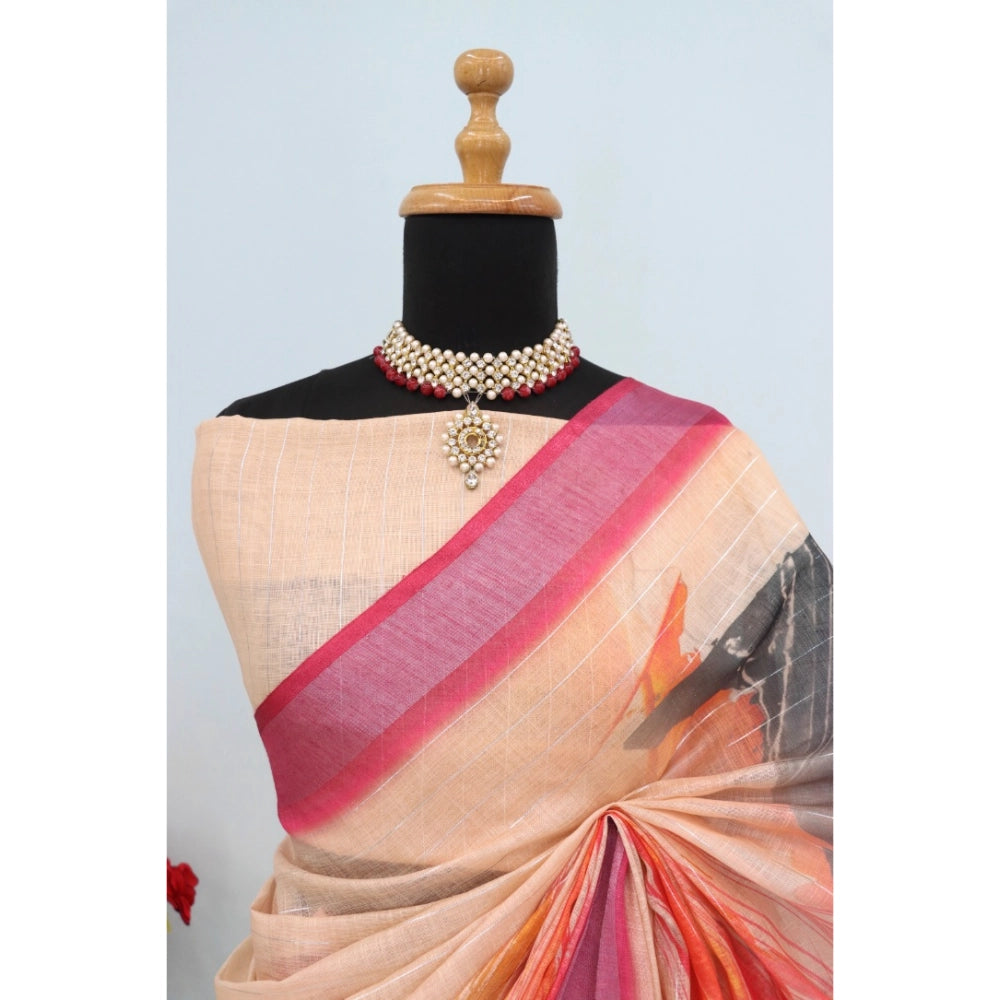 Multicolor linen digital print saree with unstitched blouse, 5.5mtr length - women's traditional attire on display