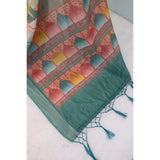 Green linen digital print saree with unstitched blouse, vibrant Indian fashion for women