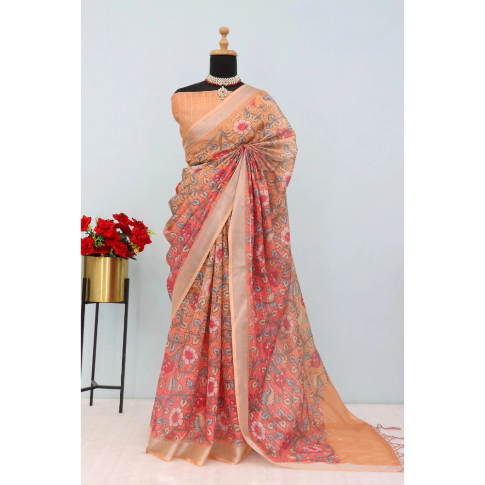 Orange linen digital print saree with unstitched blouse (5.5mtr), vibrant Indian wear for women