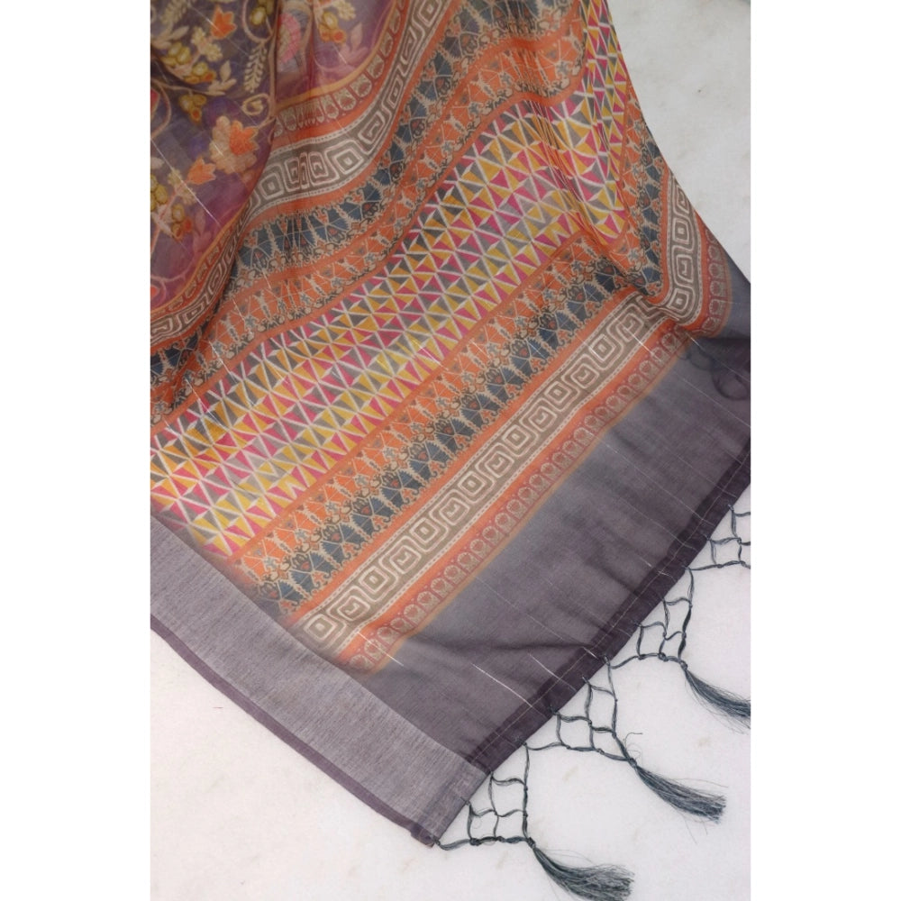 Grey linen digital print saree with unstitched blouse (5.5Mtr)