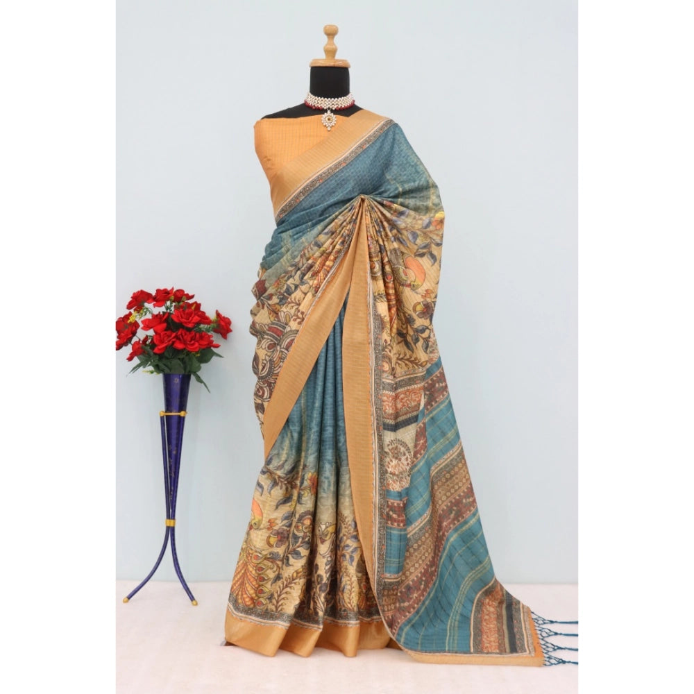 Blue Mysore Silk digital print saree with unstitched blouse, 5.5mtr length
