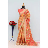 Orange mysore silk digital print saree with unstitched blouse, 5.5mtr length