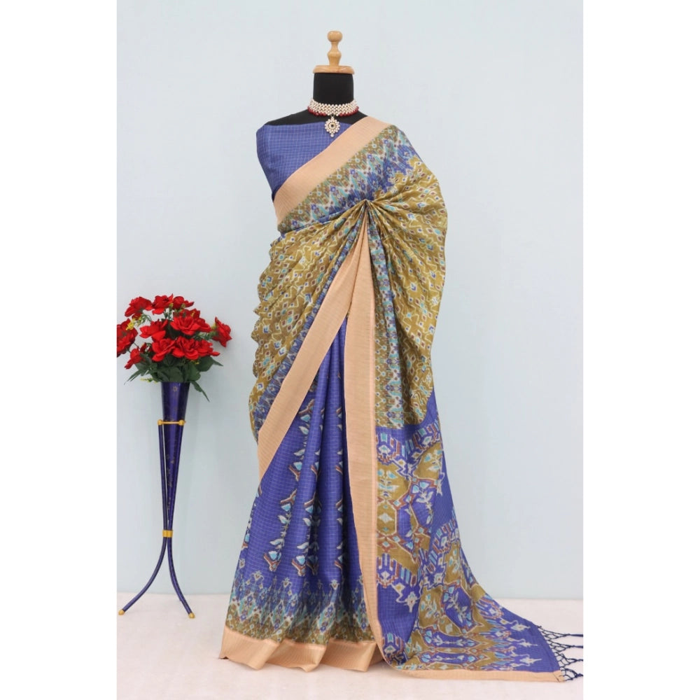 Blue Mysore Silk digital print saree with unstitched blouse (5.5Mtr)
