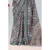 Grey linen digital print saree with unstitched blouse (5.5mtr), women's traditional Indian wear