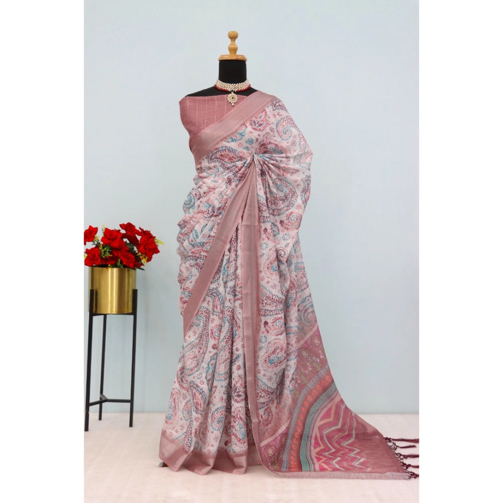 Brown linen digital print saree with unstitched blouse (5.5Mtr) - vibrant Indian women's fashion accessory