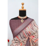 Grey linen digital print saree with unstitched blouse (5.5mtr) on display stand