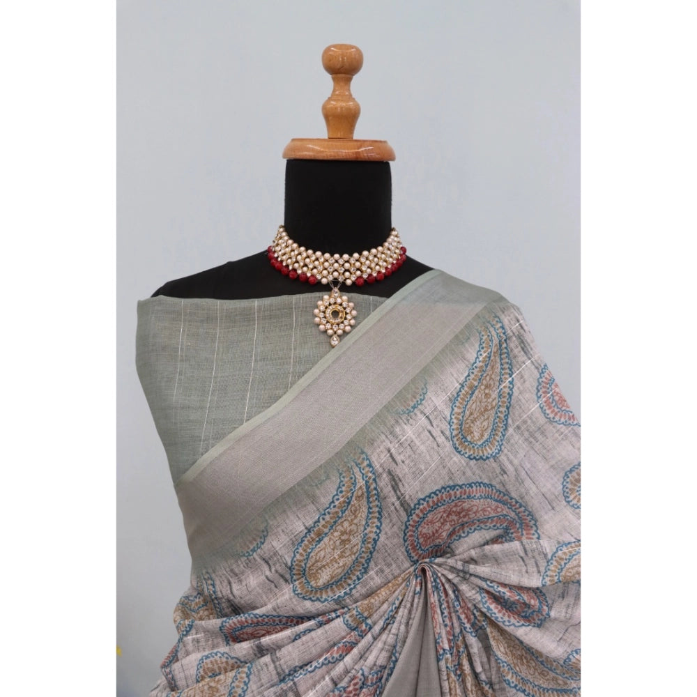Grey linen digital print saree with unstitched blouse (5.5mtr), women's fashion accessory