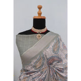 Grey linen digital print saree with unstitched blouse (5.5mtr), women's fashion accessory