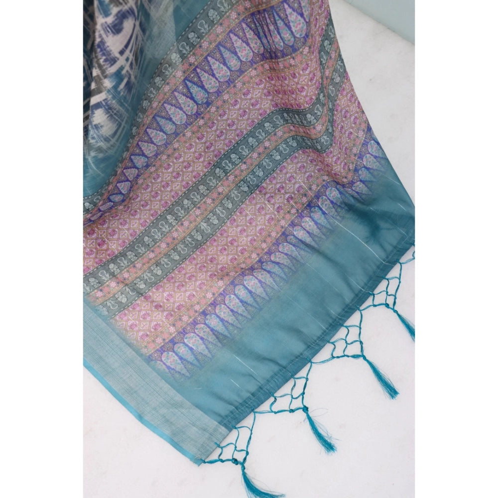 Green linen digital print saree with unstitched blouse, vibrant cultural wear for women