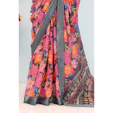 Grey linen digital print saree with unstitched blouse on display, vibrant patterns, 5.5mtr length