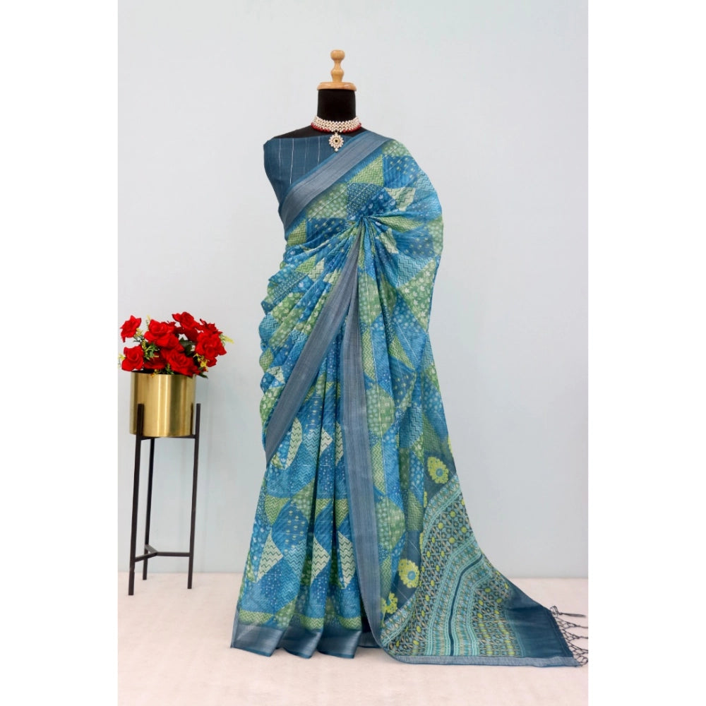 Green linen digital print saree with unstitched blouse (5.5mtr) on mannequin