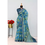 Green linen digital print saree with unstitched blouse (5.5mtr) on mannequin