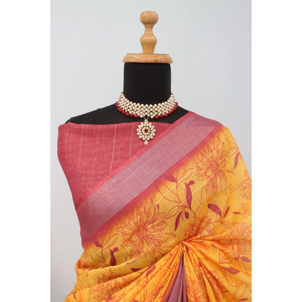 Mustard linen digital print saree with unstitched blouse (5.5Mtr), traditional Indian wear on display