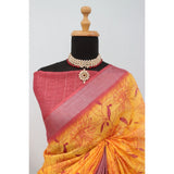 Mustard linen digital print saree with unstitched blouse (5.5Mtr), traditional Indian wear on display