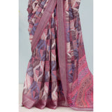 Pink linen digital print saree with unstitched blouse (5.5mtr), vibrant floral design for women's traditional Indian wear