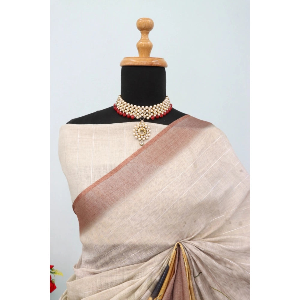 Multicolor linen digital print saree with unstitched blouse (5.5mtr), vibrant ethnic wear for women