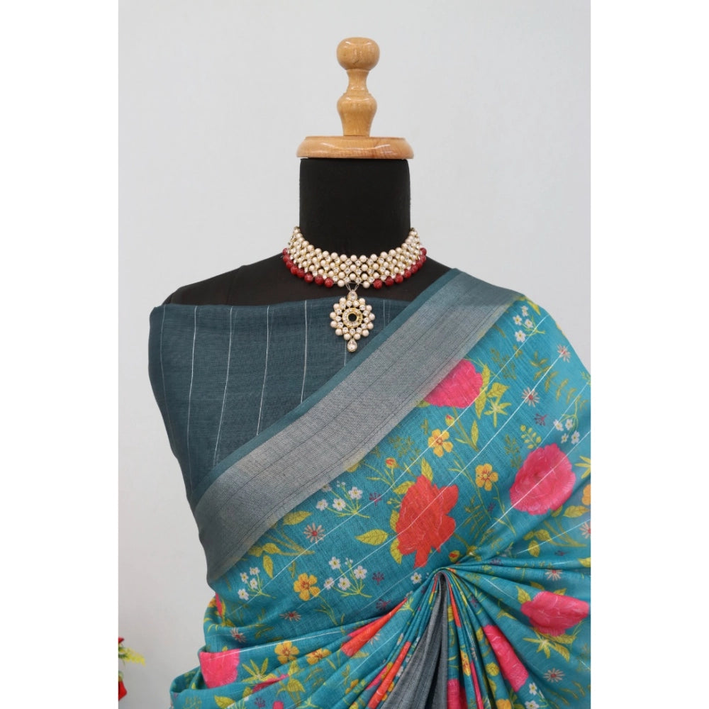 Green linen digital print saree with unstitched blouse (5.5Mtr)