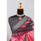Pink linen digital print saree with unstitched blouse, vibrant pattern on display