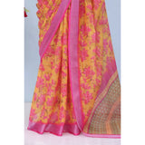 Yellow linen digital print saree with unstitched blouse (5.5mtr), vibrant Indian fashion accessory