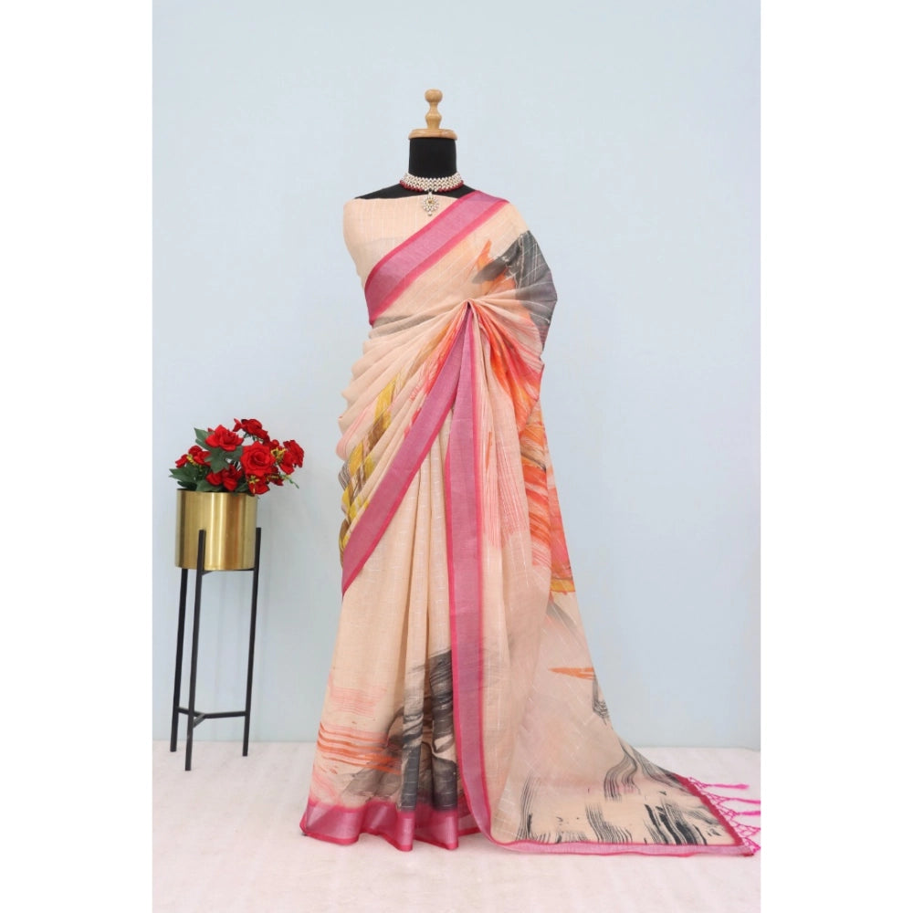 Multicolor linen digital print saree with unstitched blouse, 5.5mtr for women's traditional Indian wear